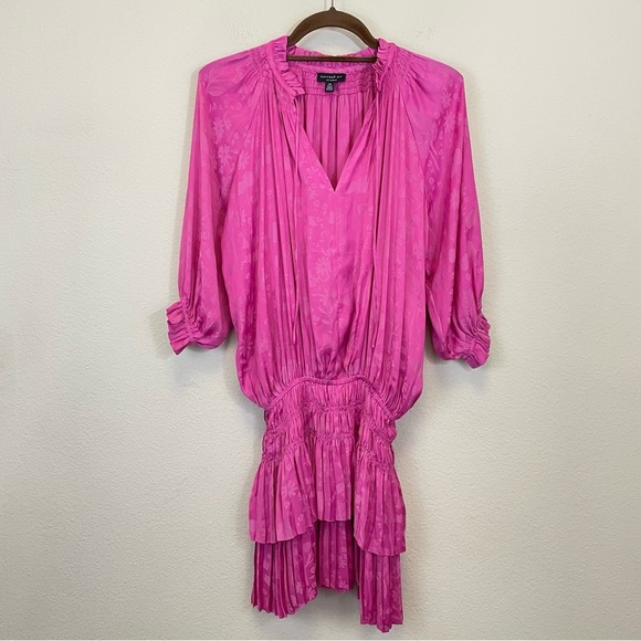 Anthropologie Current Air Pink Floral Smocked Tiered Mini Dress Size XS - Picture 1 of 10